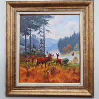 Горски пейзаж с благородни елени, картина, снимка 1 - Картини - 43172425