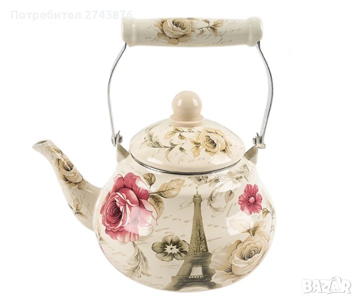 ЕМАЙЛИРАН ЧАЙНИК,ДЕКОР ПАРИЖ-РОЗИ,ИДУКЦИЯ-2,5Л, снимка 1