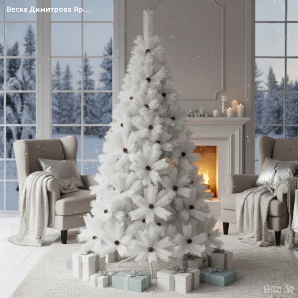 Коледна Снежно бяла или зелена елха с шишарки + пласмасова стойка ТОП ПРЕДЛОЖЕНИЕ, снимка 1