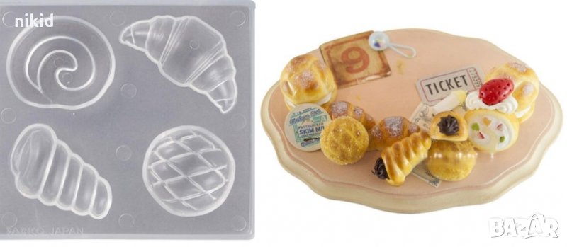 4 тестени храни кроасан рогче охлювче питка силиконов молд форма фондан шоколад гипс смола глина , снимка 1