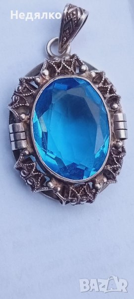 Стара сребърна брошка със син топаз, снимка 1