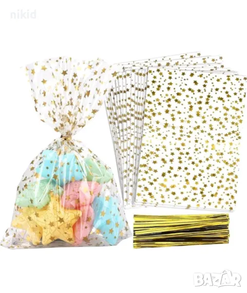 10 бр златни звезди големи Коледни опаковъчни пликчета торбички за дребни сладки прозрачни, снимка 1