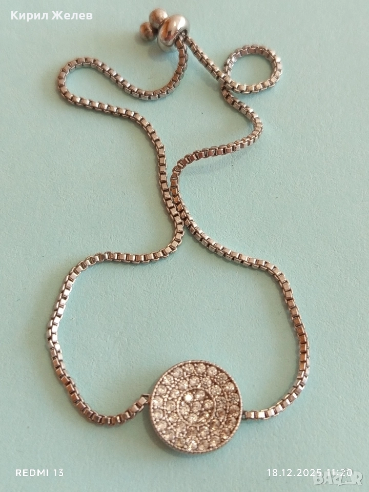 Боло гривна стерлингово сребро с кръгъл диск инкрустирани кристали 33900, снимка 1