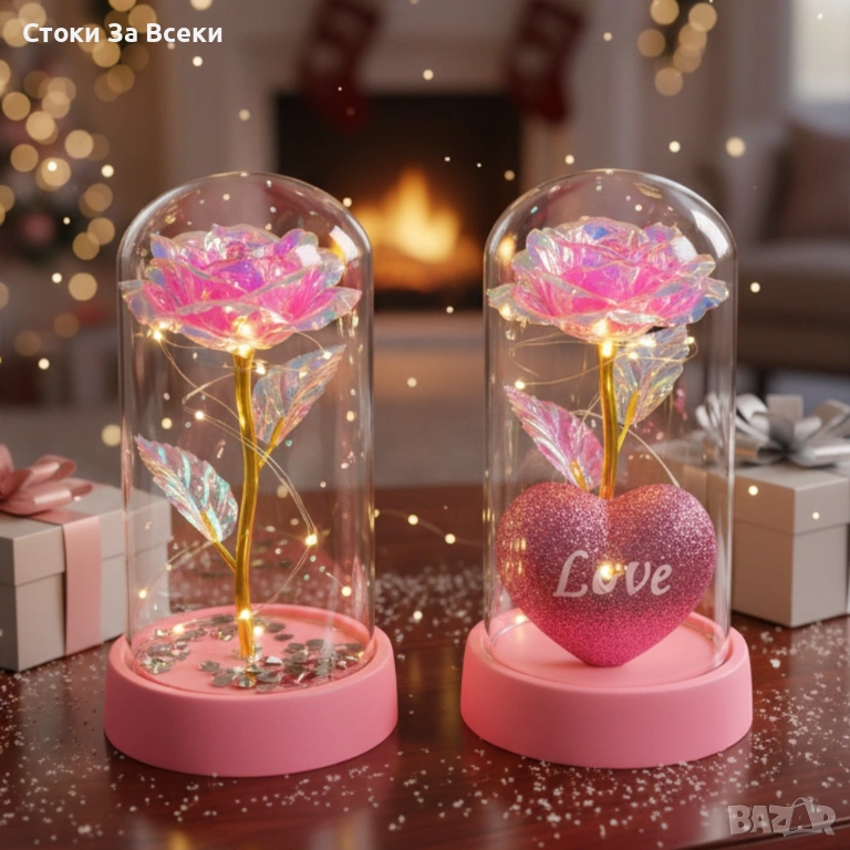 Светеща роза в купол - вечна романтика с топла светлина, снимка 1