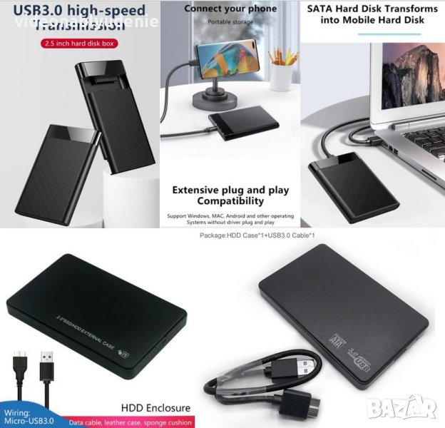 Портативна Външна Кутия за Харддиск 2.5" USB3.0 SATA HDD External Case SSD Box SATAIII Адаптер+Кабел, снимка 1