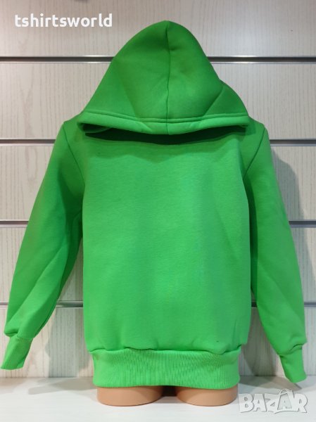 Нов детски изчистен суичър в зелен цвят с качулка, снимка 1