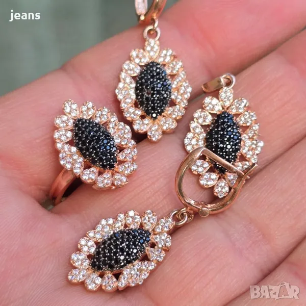 Сребърен комплект пръстен, обеци и висулка с розово покритие 175118, снимка 1