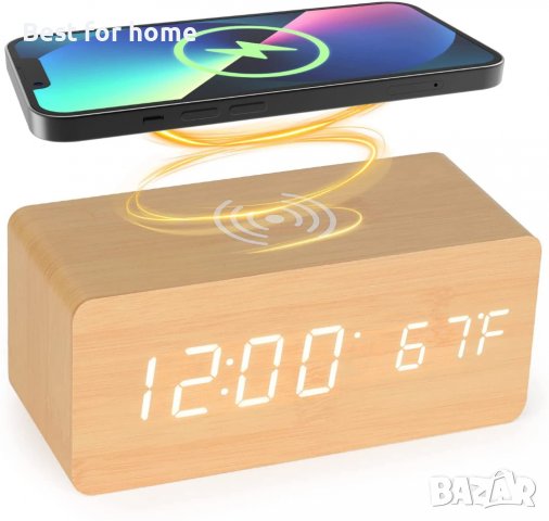 Дървен LED дигитален настолен будилник,Температура Безжично зарядно устройство за телeфон