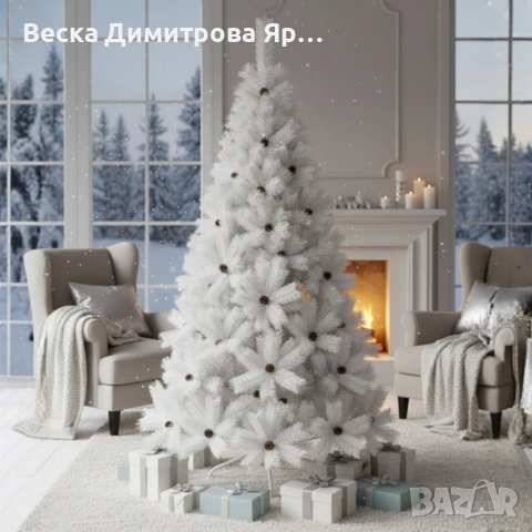 Коледна Снежно бяла или зелена елха с шишарки + пласмасова стойка ТОП ПРЕДЛОЖЕНИЕ