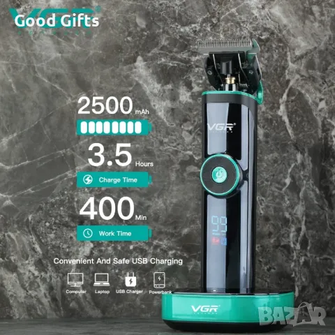 Машинка за подстригване VGR V-671 – Професионален модел с LED дисплей, 400 мин. работа и база за зар, снимка 3 - Машинки за подстригване - 50400500