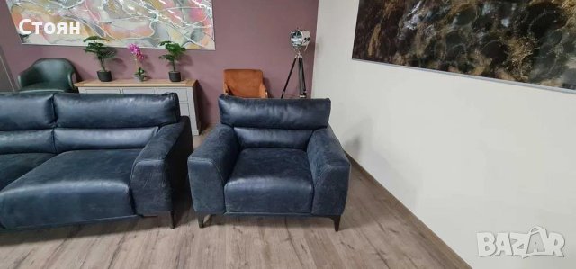 Черен кожен комплект тройка с два фотьойла - телешки бокс, снимка 5 - Дивани и мека мебел - 40751144