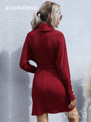 Дамска едноцветна плетена пуловерна рокля с яка и дълги ръкави, 2цвята - 024, снимка 3 - Рокли - 43454137