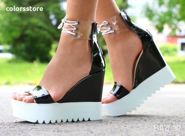 Сандали на платформа - черен лак