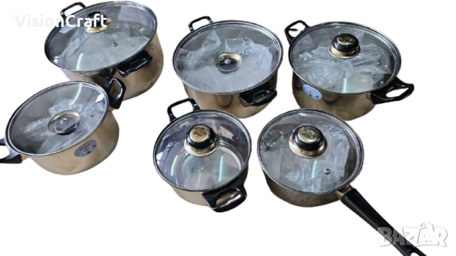 Комплект от 12 части съдове за готвене от неръждаема стомана със стъклени капаци, снимка 3 - Съдове за готвене - 44895248