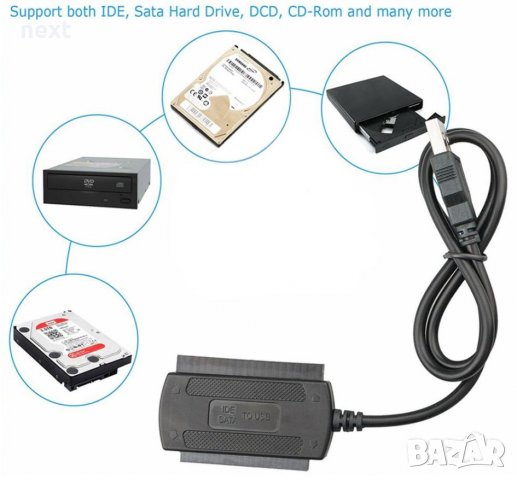 USB Кабел за връзка към диск 2.5"/3.5" SATA/IDE HDD/DVD/SSD + Гаранция, снимка 7 - Кабели и адаптери - 26558109