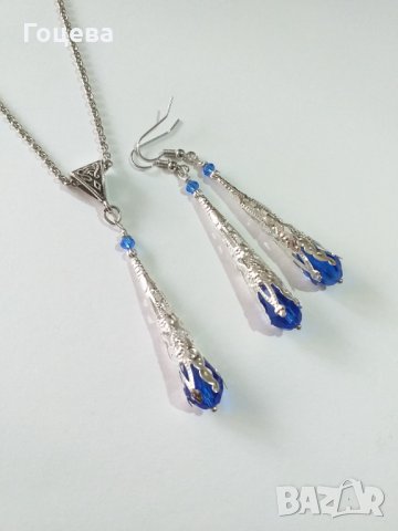 Великолепен комплект Викториански стил с кристали в кралско синьо и орнаменти в цвят Сребро , снимка 2 - Бижутерийни комплекти - 34939748