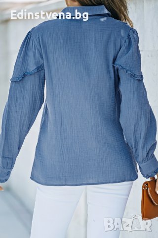 Дамска риза с дълъг ръкав и къдрички в син цвят, снимка 2 - Ризи - 40148800