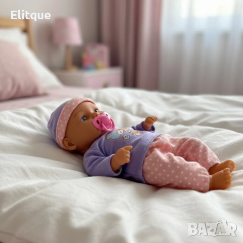 Легнало бебе с биберон и 10 звука – нежна коледна играчка за грижа и обич Babylove, снимка 6 - Плюшени играчки - 52820276