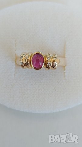 Златен пръстен с брилянти и естествен рубин, снимка 2 - Пръстени - 37254070