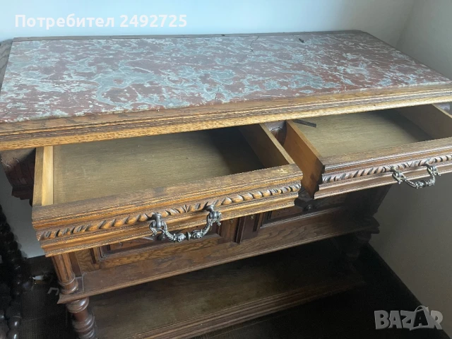 Шкаф антикварен  изцяло дърво дърворезба мрамор плот, снимка 7 - Шкафове - 51042583