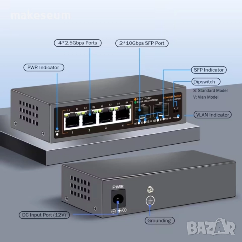 DAVUAZ 6 портов 2.5G / 10G SFP+ мрежов суич