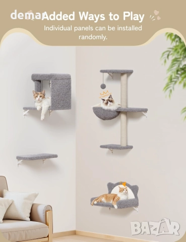 Стенни рафтове за котки 5 в 1 Модерен комплект мебели за катерене, снимка 6 - За котки - 52678159