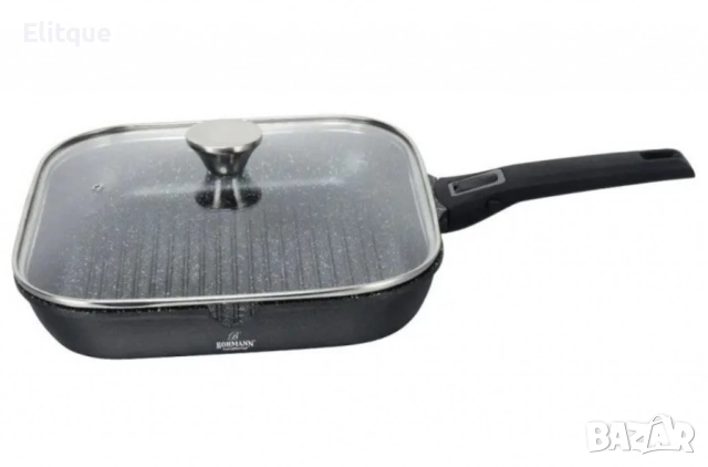 Тиган грил с капак Bohmann, 28х28х5.5см., Лят алуминий, Подвижна дръжка, Индукция
