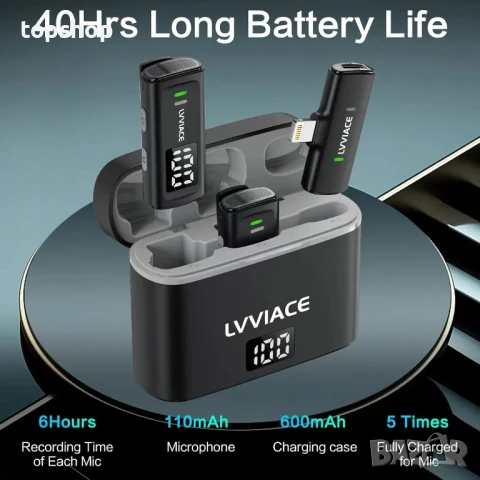 НОВИ Безжични микрофони Lavalier за телефон за iPhone и iPad с 40 часа предавател, дигитален дисплей, снимка 2 - Аксесоари за Apple - 50577149
