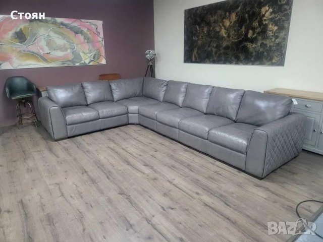 Голям сив кожен ъглов диван, снимка 11 - Дивани и мека мебел - 43290361