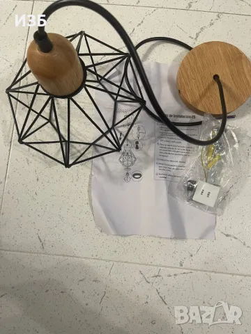 Ретро индустриална висяща лампа с геометричен дизайн E27 Лампа, изработена от дърво и абажур от желя, снимка 4 - Лампи за таван - 48684284