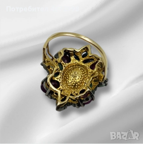 Уникален винтидж пръстен със златен ринг, сребърна основа и естествени скъпоценни камъни, снимка 2 - Пръстени - 53266291