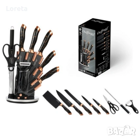 Комплект уреди за рязане Cheffinger – 9 части с мраморно покритие, стойка, точило и белачка, снимка 3 - Прибори за хранене, готвене и сервиране - 53437674