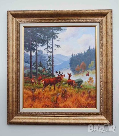 Горски пейзаж с благородни елени, картина, снимка 1 - Картини - 43172425