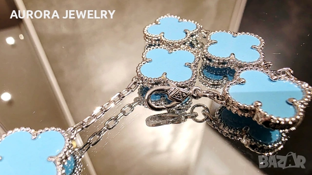 Van Cleef & Arpels VCA Silver Turquoise 5 Motifs Vintage Alhambra Дамска Гривна, снимка 7 - Гривни - 53373754