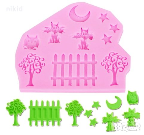 Ограда дърво котка луна звезди бухал Хелоуин Halloween силиконов молд форма декорация торта фондан, снимка 2 - Форми - 28274068