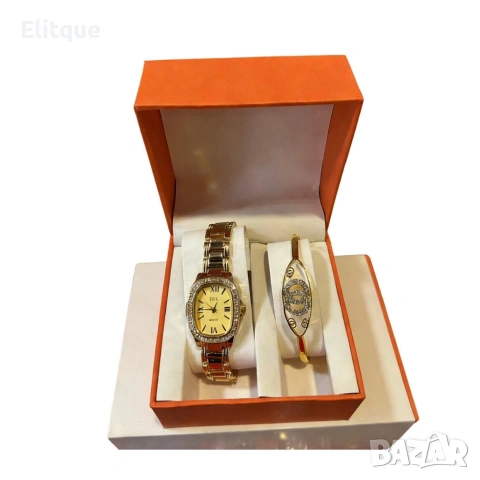 Луксозен дамски комплект: Елегантен часовник с кристали и стилна гривна в подаръчна кутия, снимка 4 - Гривни - 53501356