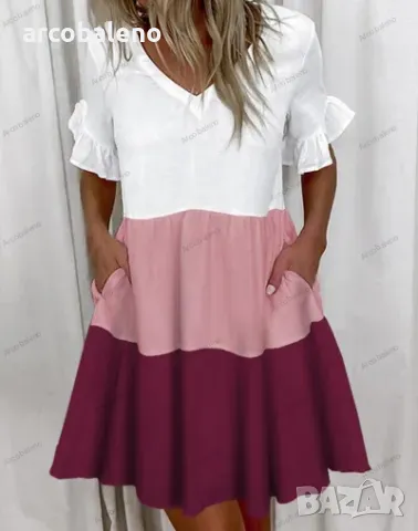 Свободна модна с V-образно деколте къса рокля с джоб и волан, 10цвята , снимка 5 - Рокли - 50133940