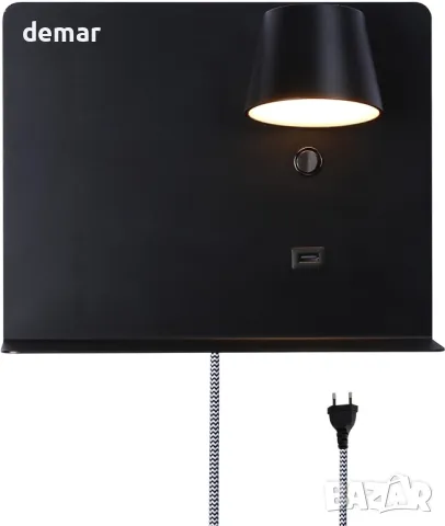 SUNLLOK Модерна LED стенна лампа с USB порт и рафт, черна, снимка 4 - Лампи за стена - 49824738