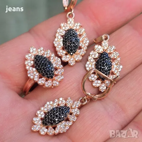 Сребърен комплект пръстен, обеци и висулка с розово покритие 175118