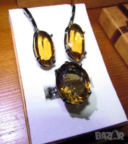 925 сребърен пръстен и обеци с цитрини, подходящи за подарък , снимка 2 - Обеци - 50275738