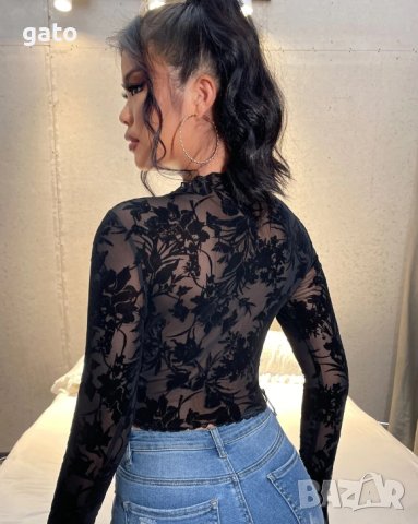 Черна прозираща блузка на цветя, снимка 3 - Корсети, бюстиета, топове - 40404687