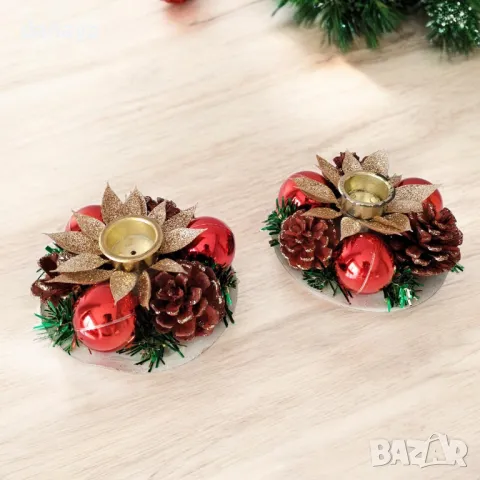 5394 Комплект коледни поставки за тънка свещ с декорация шишарки и топки, 2 броя, снимка 3 - Декорация за дома - 47819987