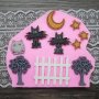 Ограда дърво котка луна звезди бухал Хелоуин Halloween силиконов молд форма декорация торта фондан