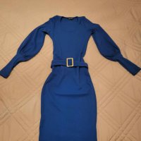 Дамска рокля с колан в син цвят, снимка 1 - Рокли - 43405569