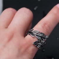 Посребрен арт пръстен универс. размер, лист, снимка 4 - Пръстени - 26282586