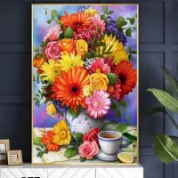Диамантен гоблен ваза с цветя и чай размер 30/40, снимка 1 - Гоблени - 35352284