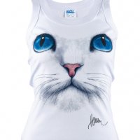 Нов дамски бял потник с 3D принт Котка със сини очи, Х-гръб, прав гръб, снимка 9 - Потници - 28361545