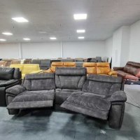 Извит тъмно сив диван от плат с  релаксиращ механизъм, снимка 9 - Дивани и мека мебел - 39394232