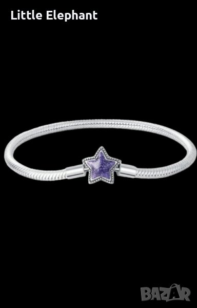 Сребърна гривна Пандора,със закопчалка звезда,змийска плетка,glittered,purple,"Summer vibes",19 см/н, снимка 1