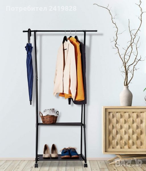 Стойка за палто Relaxdays с колела, 2 нива за обувки, чанти и аксесоари, Коридор и съблекалня, 159x8, снимка 1